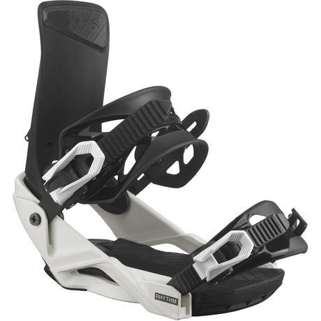 RhythmJr.- Salomon Rhythm Jr Snowboard Bindings for youth, featuring a black and white color scheme with the Salomon brand logo visible.
